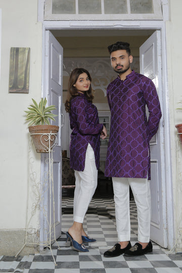 Purple Color Embroidered Kurta With White Trouser For Couple